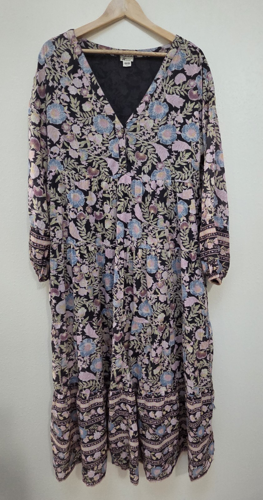 Billabong Adore You Dress XL Floral Maxi Tiered Cotton Boho Peasant Cottage EUC