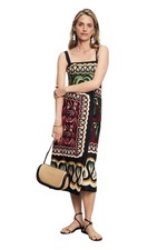 FARM Rio Coconut Tree Flow Scarf Dress in Black Medium Womens Midi Linen