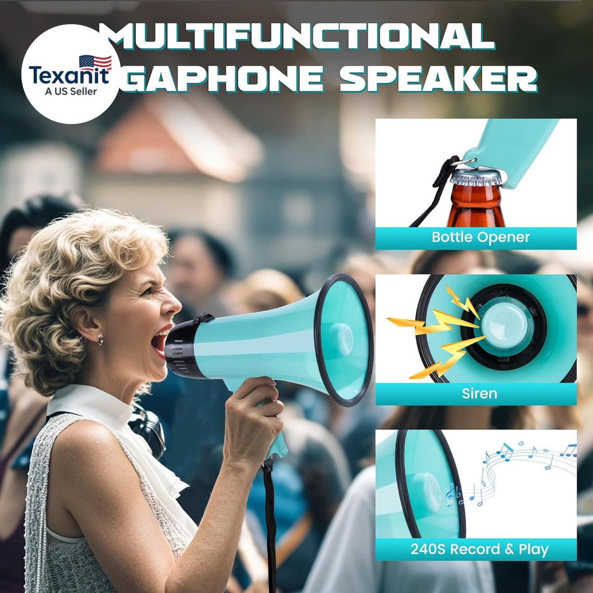 20W Megaphone Bullhorn, Built in Siren & 240S Recording, 5.4