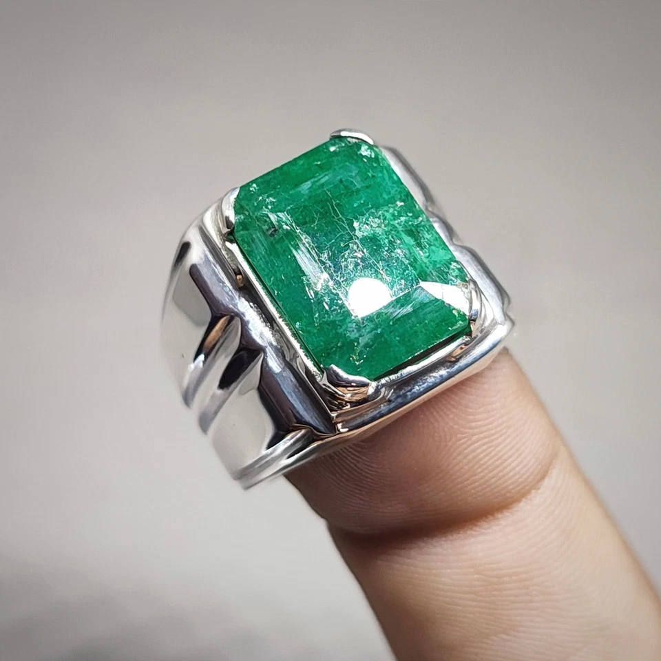 Mens Emerald Ring, Natural Beryl 925 Sterling Silver Ring, Zamurd Ring For Men - Image 2 of 4