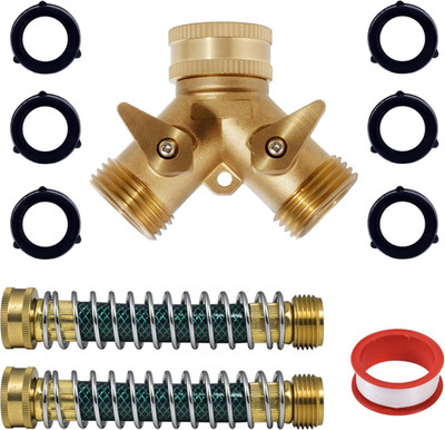Garden Hose Coiled Spring Protectors- Brass Hose Splitter 2 Way Heavy Duty for O