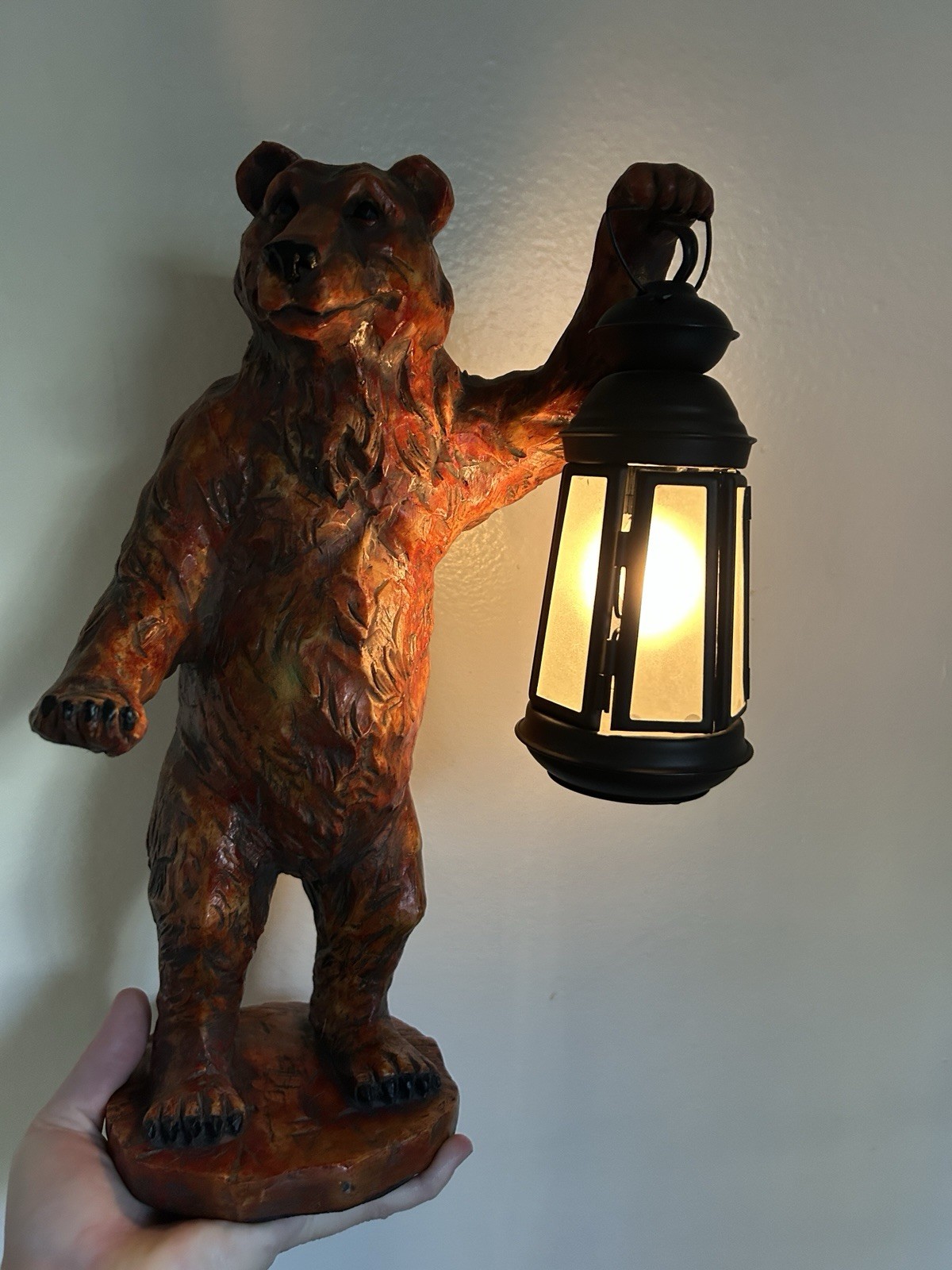 VTG Black Forest Bear Lamp Holding Lantern Hand Painted Resin Cabin