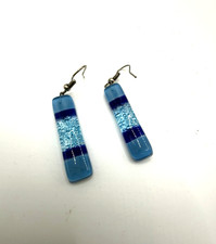 Artisan Fused Glass Dangle Earrings Blue Aqua Bubble Rectangle Handmade