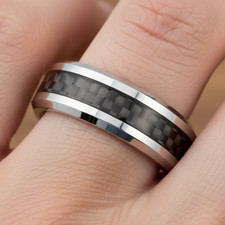 6mm Men's Tungsten Wedding Band with Black Carbon Fiber Inlay  Beveled Edges