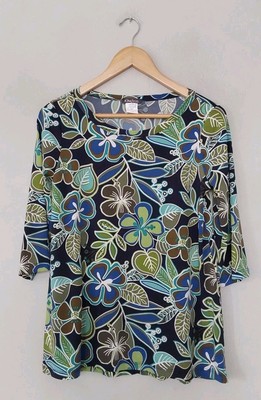 QVC Kim & Co bedrucktes Brasilien Trikot 3/4 Ärmel Hi-Low Top marineblau Blumen X-Small. 