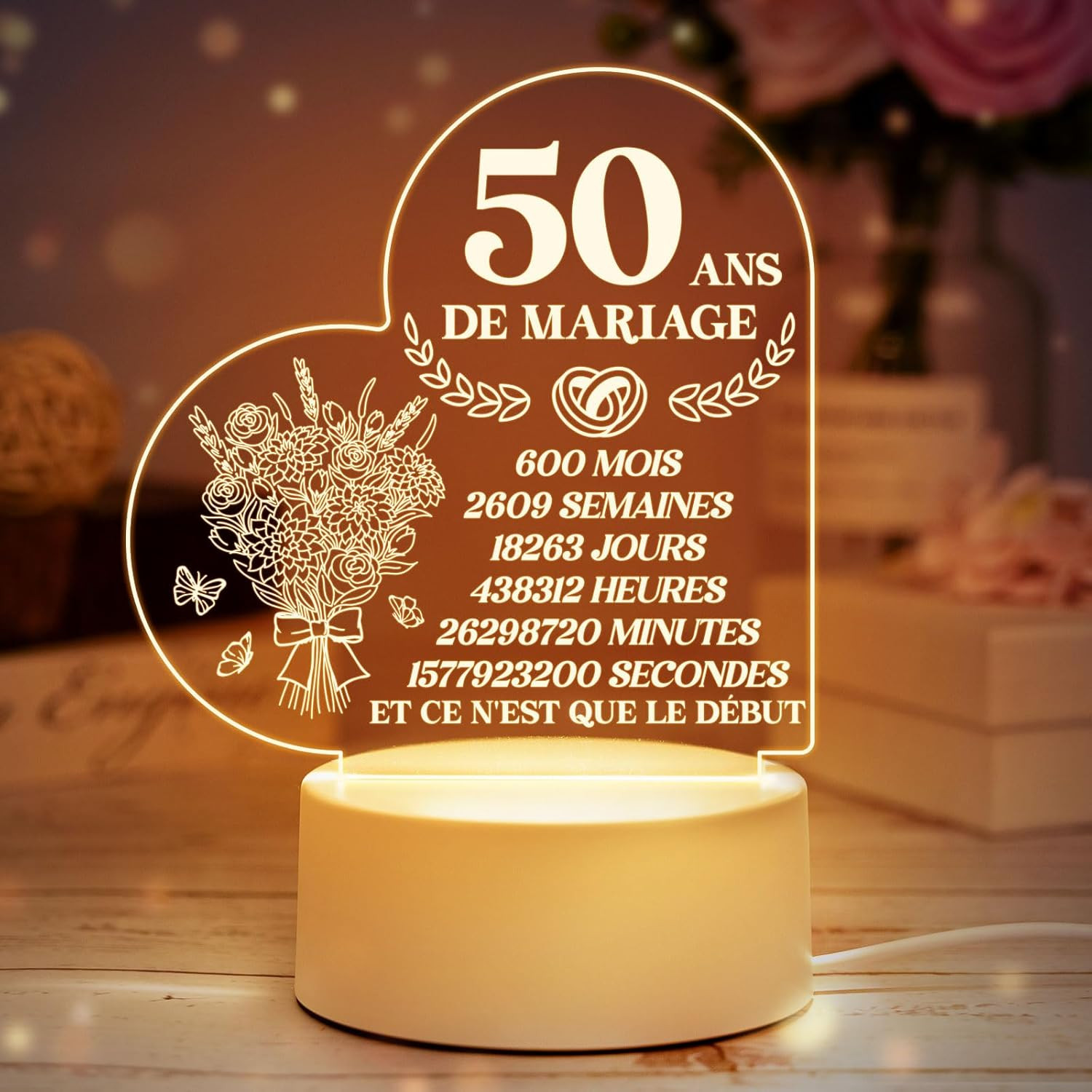 Cadeau anniversaire 50 ans de mariage d'exception : lampe veilleuse bois et acrylique