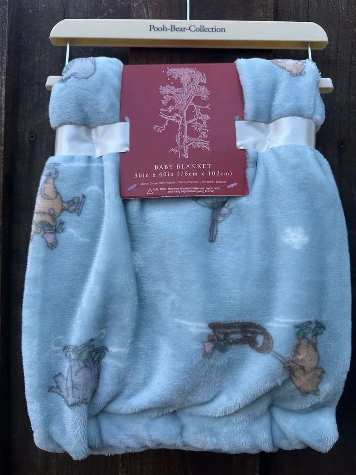 NEW Pooh Bear Collection Blue Baby Blanket Christmas Themed Sleds & Snowflakes - Image 2 of 2