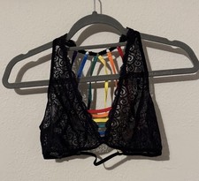 Escant  Black Lace Bralette with Rainbow Straps Wireless Multicolor OS
