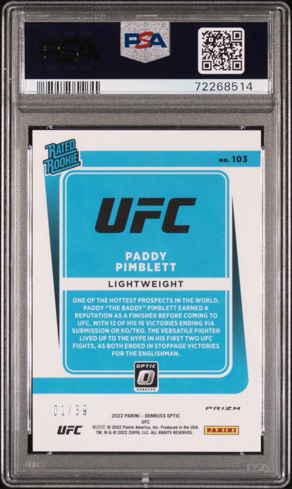 2022 Optic UFC Paddy Pimblett #103 Black Velocity /39 PSA 9 !!! view 2