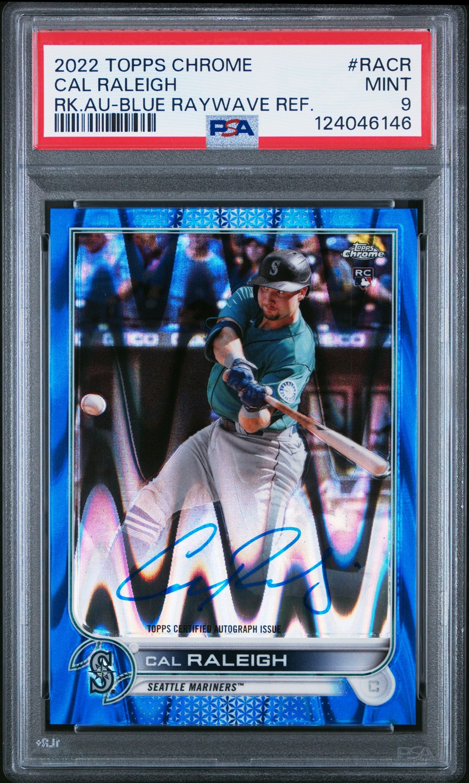 2022 TOPPS CHROME RC AUTOS BLUE RAYWAVE REFRACTOR CAL RALEIGH 49/150 PSA 9 AUTO