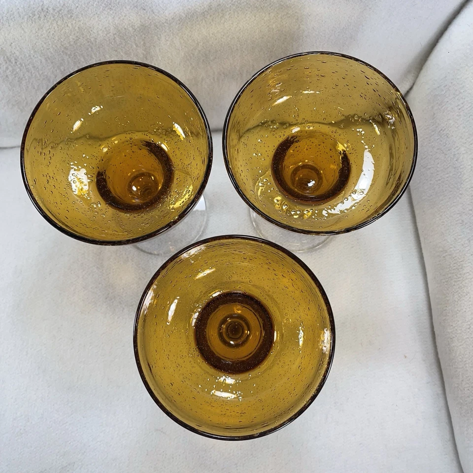 Set of 3 Hand Blown Artland Iris Amber Margarita Glasses Bubble Clear Stem - Image 4 of 4