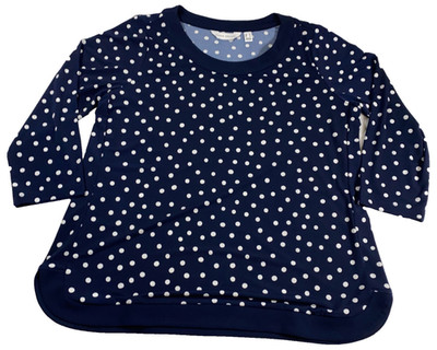 Susan Graver Womens Top Sz L Blue Polka Dots Round Neck 3/4 Sleeve Stretch NWOT