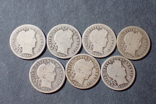 LOT OF 7 SILVER BARBER DIMES 1907 10 11 12 13 14 16 GOOD+ COND SET RGR 498