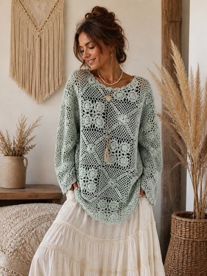 NWT  A M Collection Handknit Crochet Ramie Cotton Blouse Sweater Sage Green M