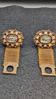 Dichroic Glass and Pearl Faux Around Cufflinks Wrap Gold Vintage