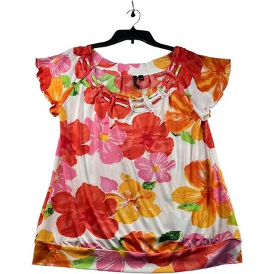 Essentials Blouse Womens Size Large White Red Floral Short Sleeve Spandex