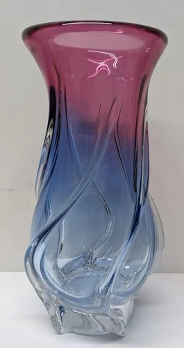 VTG Murano or Bohemian Art Glass Spiral Vase Pink Cranberry to Blue 10 3/4"
