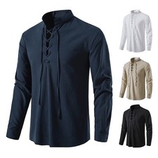 Men's Casual Shirt Pirate Medieval Viking Tops Long Sleeved Halloween Vampire M