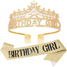 Gold Birthday Girl Crown and Sash, Pearl Birthday Tiara, Gold Birthdays Decorati