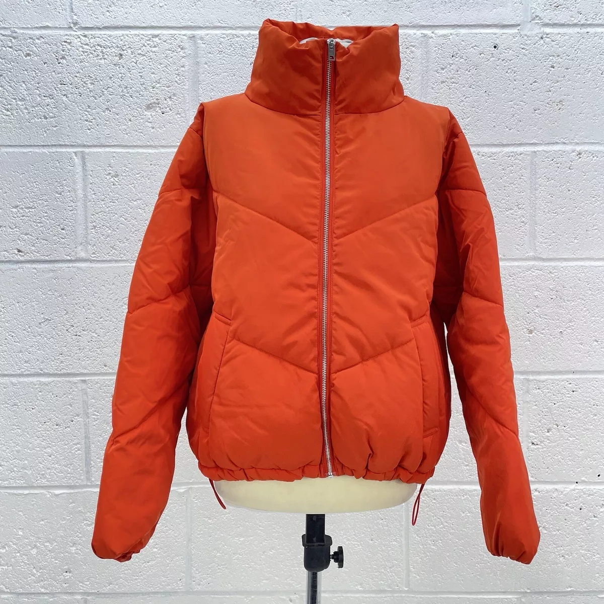 H M Y2K ORANGE PUFFER JACKET ZIP UP PADDED COAT ELASTIC HEM UK SIZE M