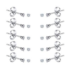 6-10 Pairs Tiny Women's Stainless Steel Round Clear Cubic Zirconia Stud Earri...