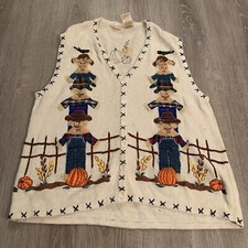 Vintage Scarecrow Sweater Bobbie Brooks Vest Size 18W/20W Fall Embroidered Fall
