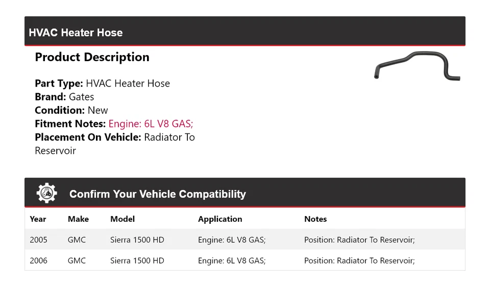 Для 2005-2006 GMC Sierra 1500 HD HVAC нагреватель шланг радиатор к воротам резервуара - Изображение 2 из 3