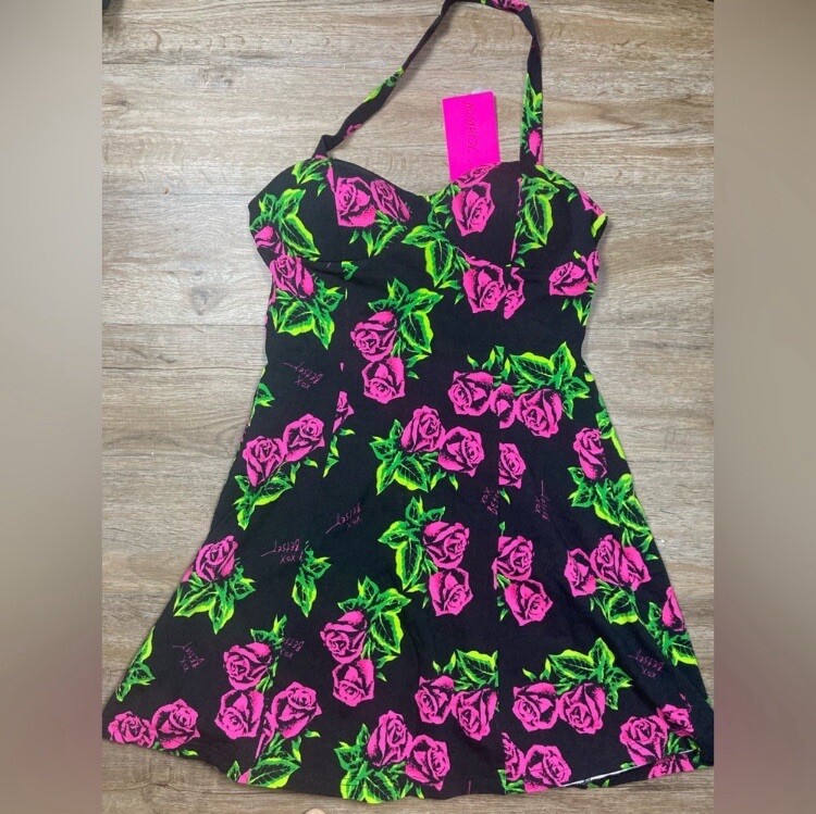 Betsey Johnson Dress sweetheart floral roses halter rockabilly pinup M NWT