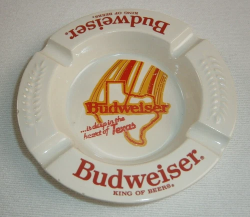 VINTAGE HAEGER POTTERY BUDWEISER BEER DEEP IN THE HEART OF TEXAS WHITE ASHTRAY