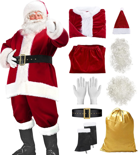 Santa Claus Costume for Men Women Adult - 10Pc. Christmas Santa Suit Outfit