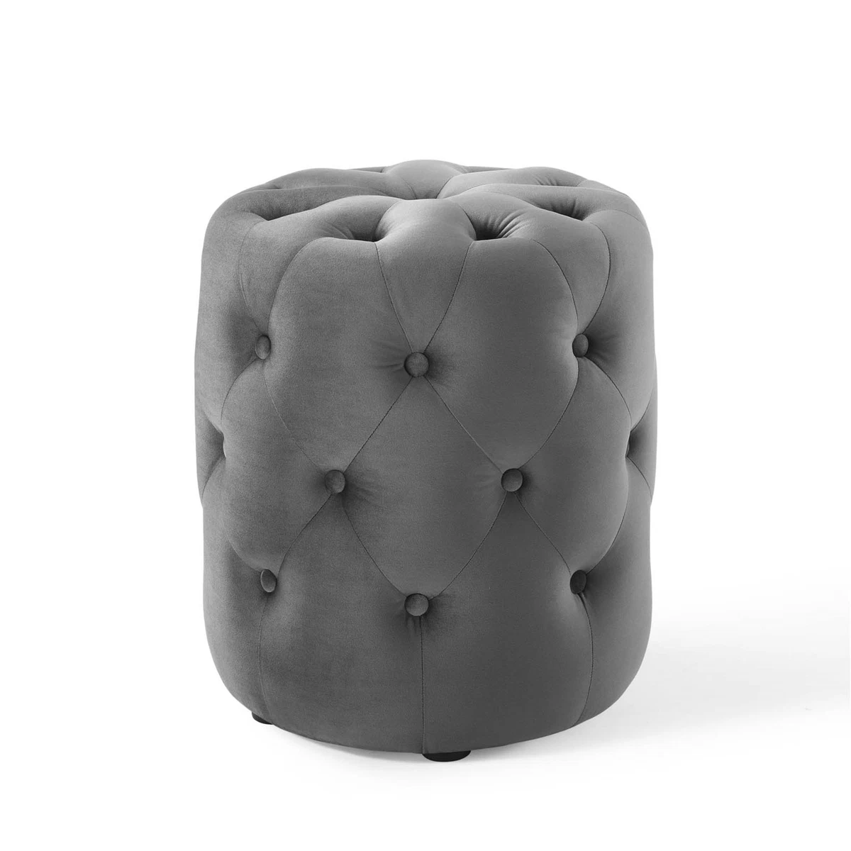Amour Tufted Button Round Performance Velvet Ottoman Gray