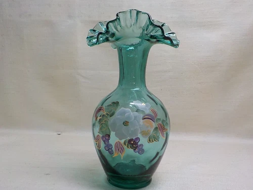 Vintage Spruce/Teal Green Art Nouveau Fenton Art Glass Family Sig. Series Vase