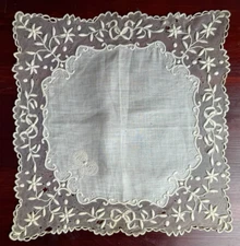 ANTIQUE LACE - HANDKERCHIEF - TULLE embroidered - late 19th century