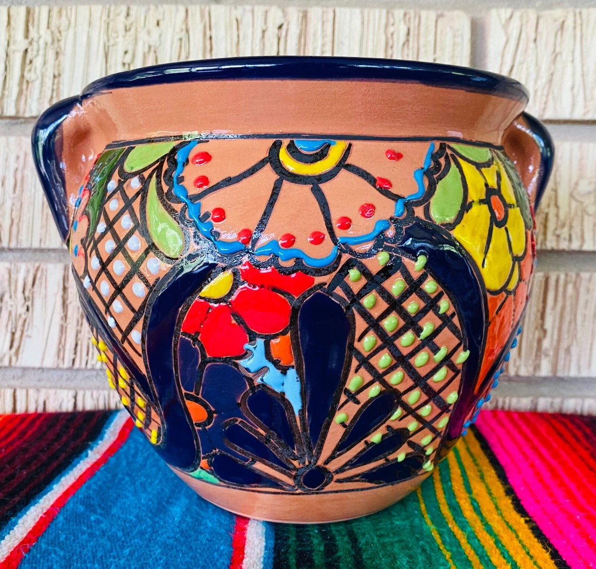 Lg MEXICAN TALAVERA Folk Art POTTERY FLOWER POT PLANTER CERAMIC #4