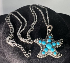 Turquoise Blue Bead Silver Tone Starfish Sea Life Pendant Necklace