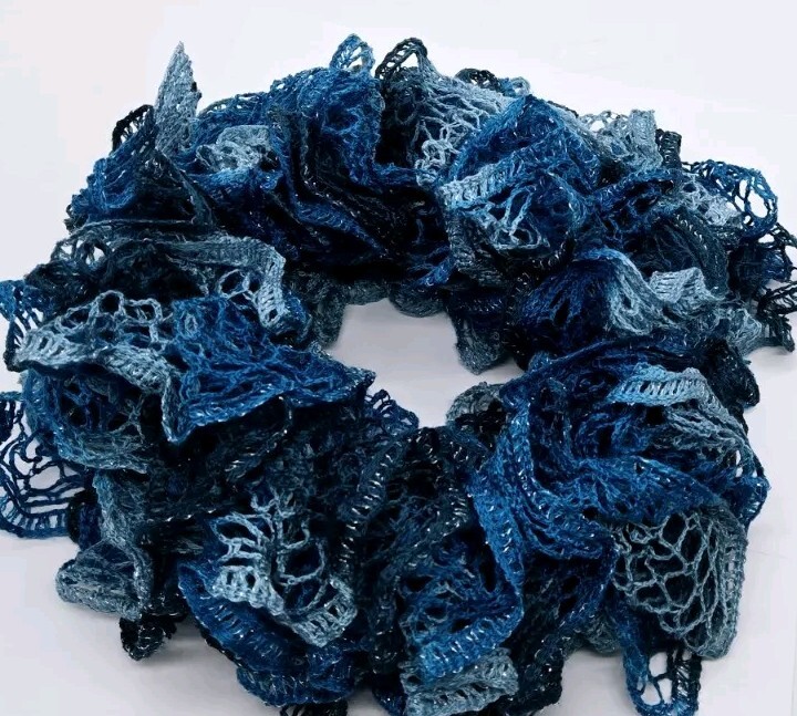 Handmade Crocheted Blue Ruffle Scarf in Multi Shades 60 Inches Long