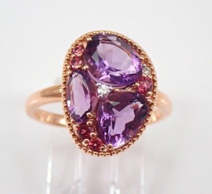Authentic 14K Rose Gold Plated 3ct Oval Amethyst Pink Tourmaline Cocktail Cluster Ring