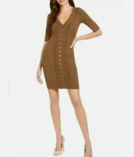 GUESS Seneca Olive Army Green Gold Button Snap Front Rib Sweater Dress M * BNWOT