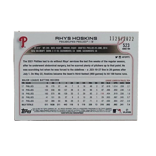 2022 Rhys Hoskins 1129/2022 Gold Topps 523 Brewers - Picture 2 of 3