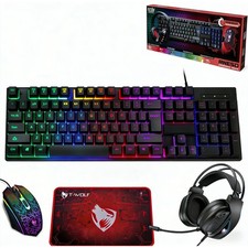 Wired Gaming Keyboard Mouse Headset Set Rainbow LED for PC MAC Laptop PS4 Xbox