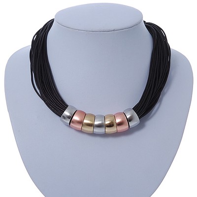 Schwarze gewachste Kordel Halskette mit silber/gold/kupferfarbenen Metallringen - 40 cm L
