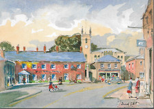 Belford, Northumberland - Blue Bell Hotel, Church - Dixon art postcard c.1980s