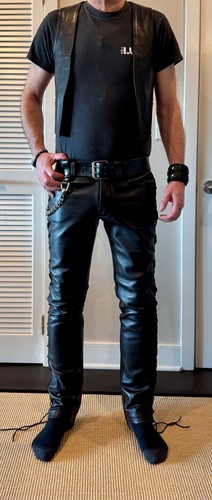 ROB -Black Leather Side Laced Motorcycle Biking Jeans - TRUE SIZE 32