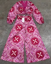 Caroline Constas Pink Satin Tribal Geometric Blouse & Wide Leg Pants Set XS NEW