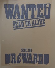 Original Vintage Wanted Dead Or Alive Reward Iron On Transfer
