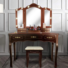 Vintage Vanity Desk with Mirror and Lights,Tri-Folding Mirrors,6Organization 7 D