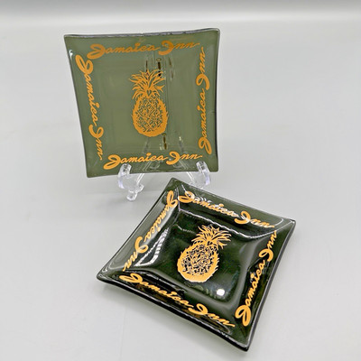 MCM Jamaica Inn Ocho Rios Gold Black Pineapple Glass Trinket Tray Set 2 Vintage