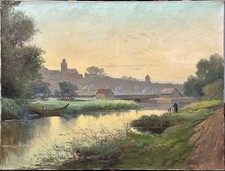 19th Cent. Barbizon School Original Antique Oil Painting Riverscape Village