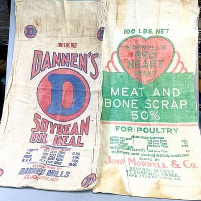 Feed Sacks Dannen s Soybean; Red Heart Bone Scrap Grannycore Boho Farmhouse Vtg