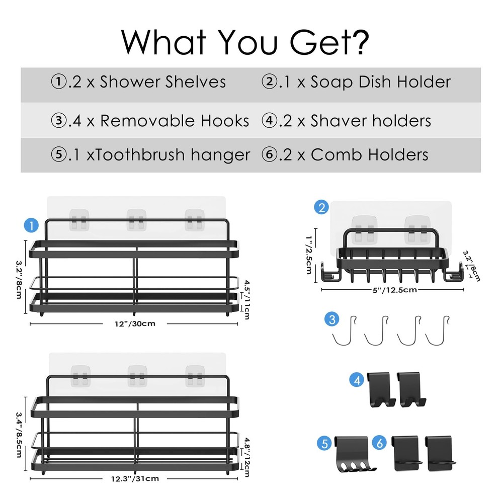 Improved Adhesive Shower Caddy with 9 Detachable Accessories Including Soap Dish